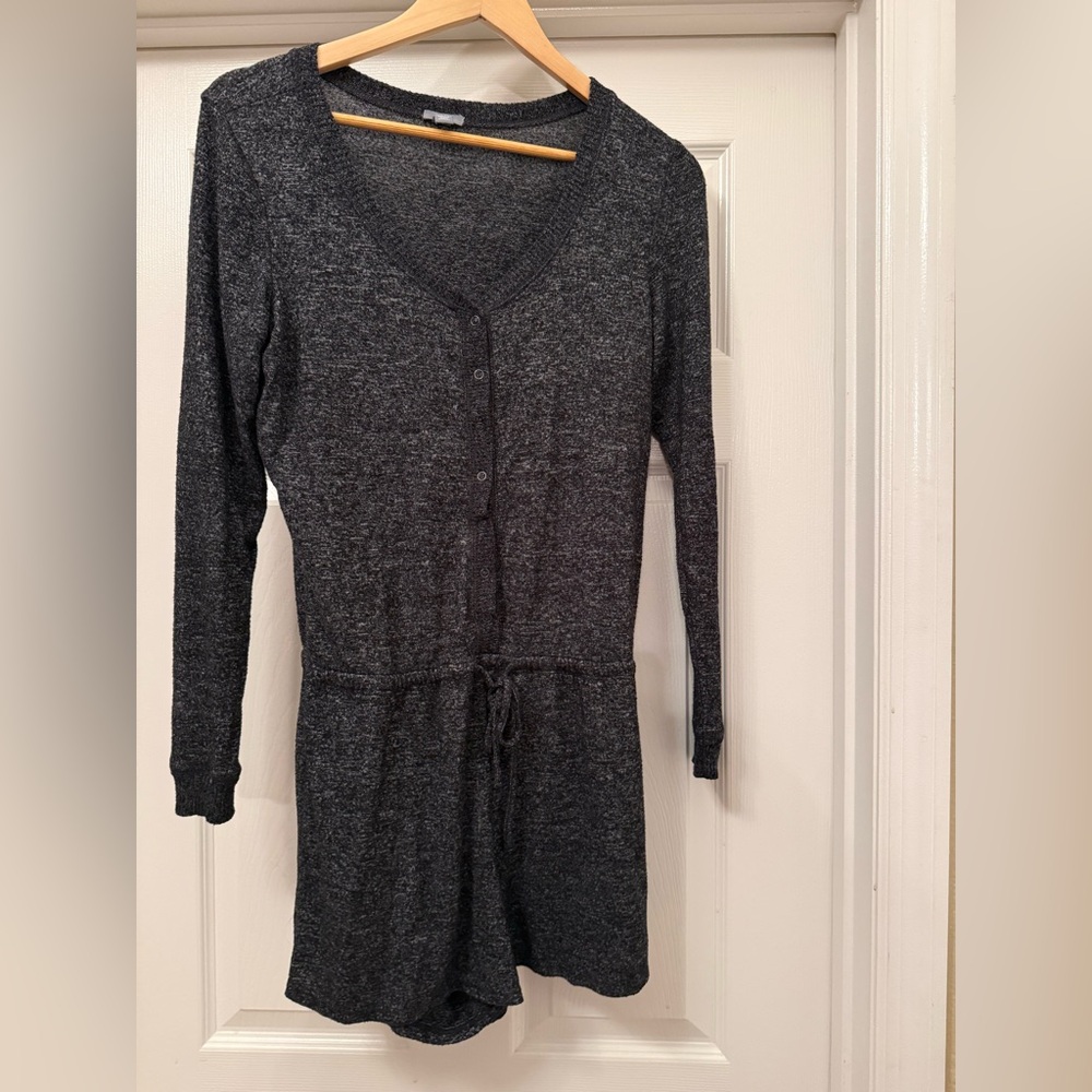 Aerie Romper Women Medium Charcoal Grey Long Sleeve Button Front Knit Drawstring